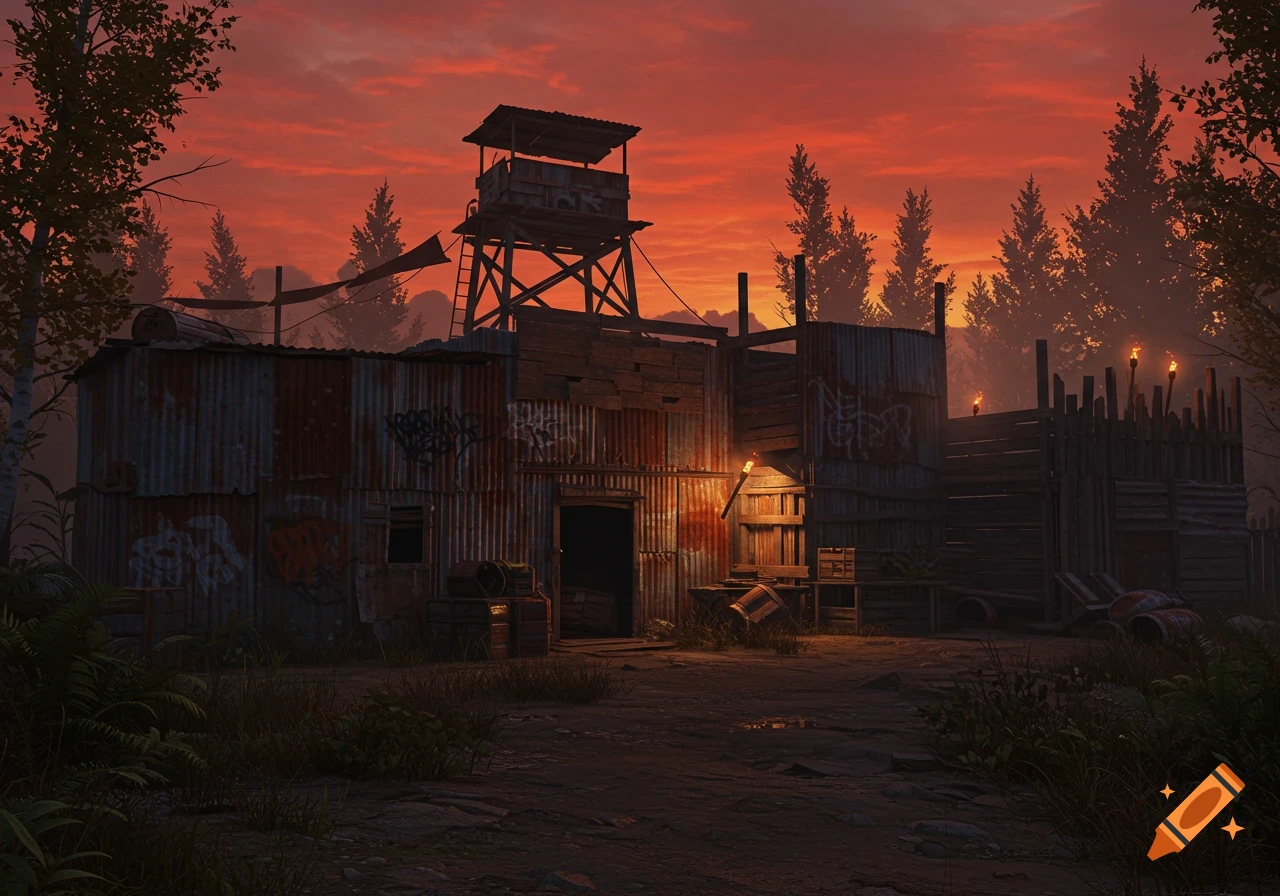 A fortified, ramshackle base with a watchtower and corrugated walls under a fiery red sunset in a dense forest, survival game aesthetic.