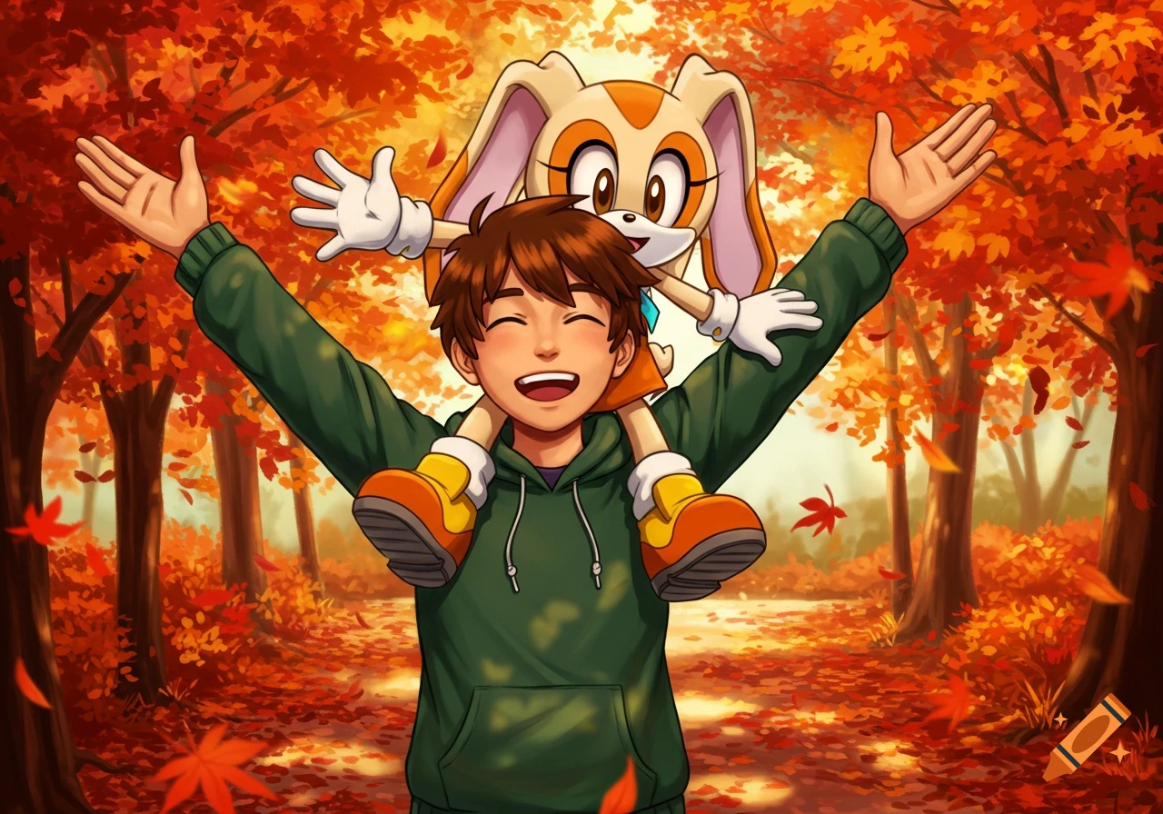 A brown-haired boy carrying Cream the Rabbit on his shoulders, both smiling in an autumn park with brilliant red leaves, in an anime style.