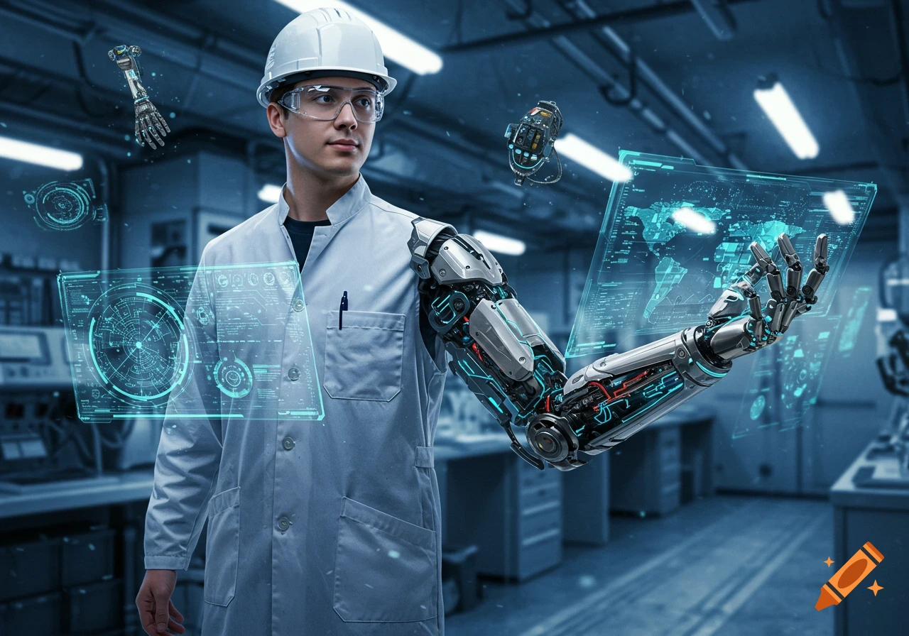 A person with a bionic arm, in a lab coat and hard hat, interacting with holographic screens in a futuristic lab.