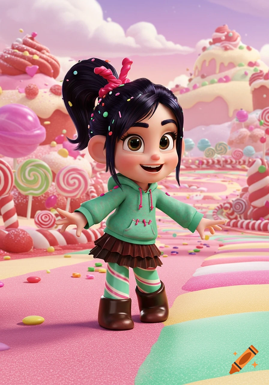 A cute animated character, Vanellope von Schweetz, stands in a vibrant candy land with lollipops and sweets.