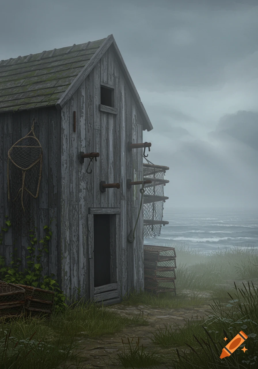 An old, weathered wooden fish smokehouse on a foggy coastline, with fishing nets and traps, overlooking a stormy sea.