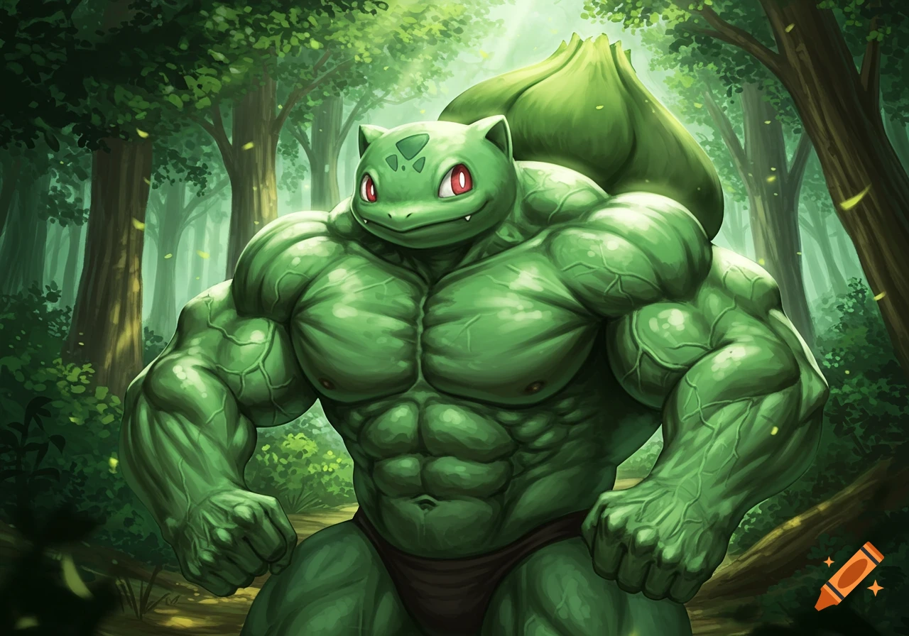 A heavily muscular Bulbasaur with massive pecs stands in a vibrant, lush green forest.