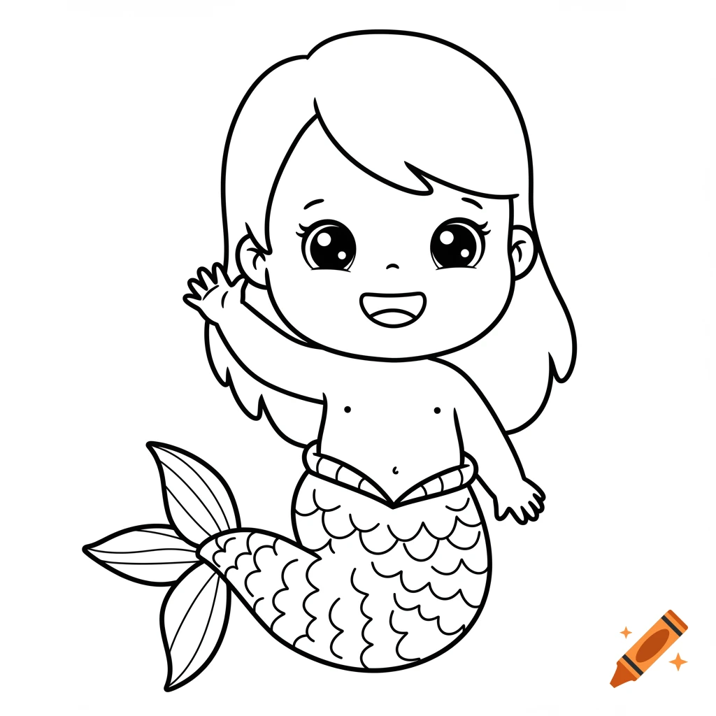 Cute cartoon baby mermaid, smiling and waving, black and white coloring page.
