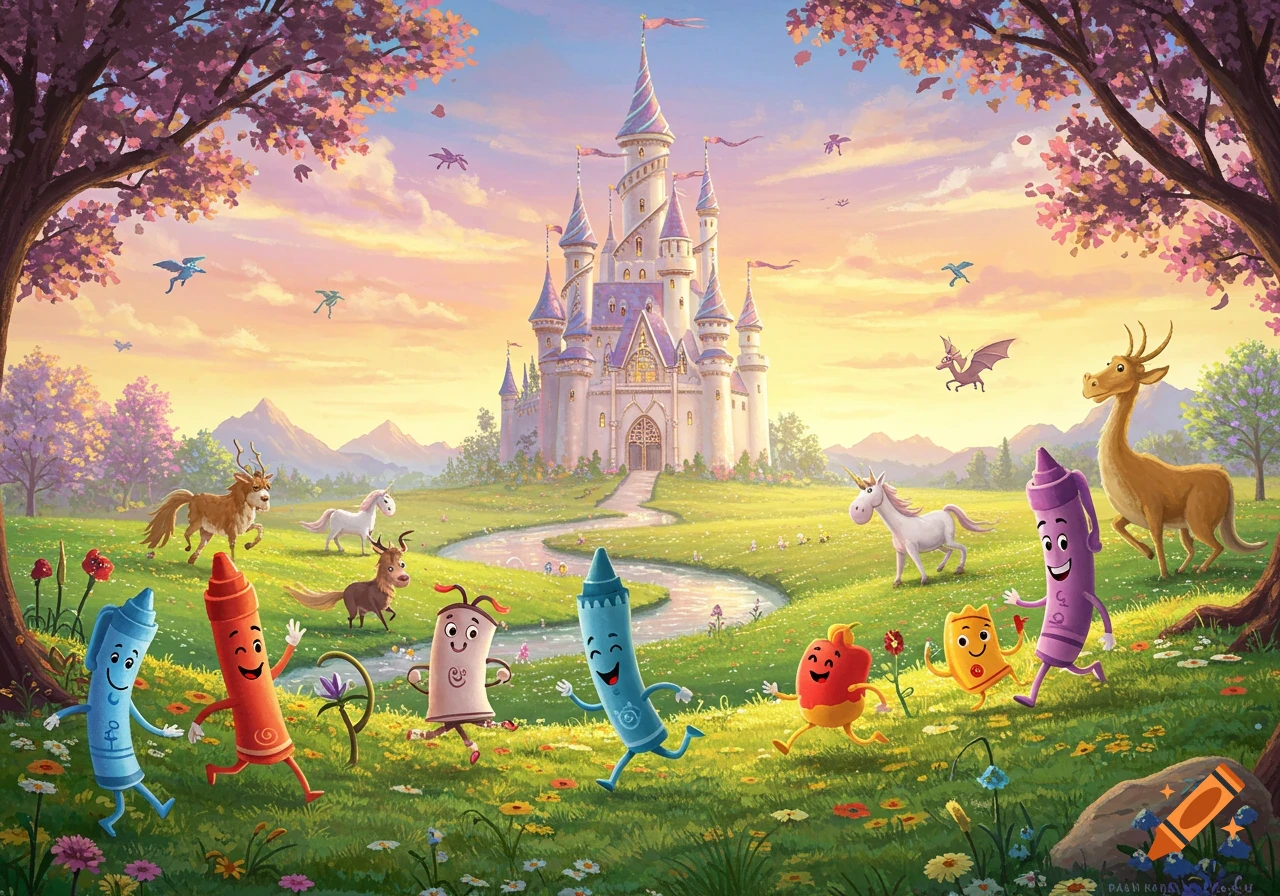 Whimsical fantasy landscape with a grand castle, magical creatures, and joyful anthropomorphic crayons running through a lush, flowery field.