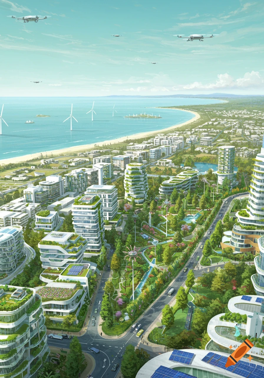 A futuristic green coastal city with eco-friendly buildings, lush parks, offshore wind turbines, and flying drones under a clear sky.