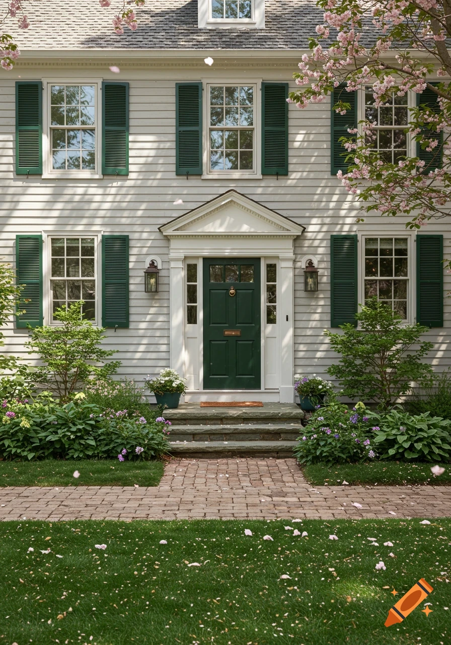 A classic white colonial house with dark green shutters and door, a stone path, and blooming pink trees in spring.