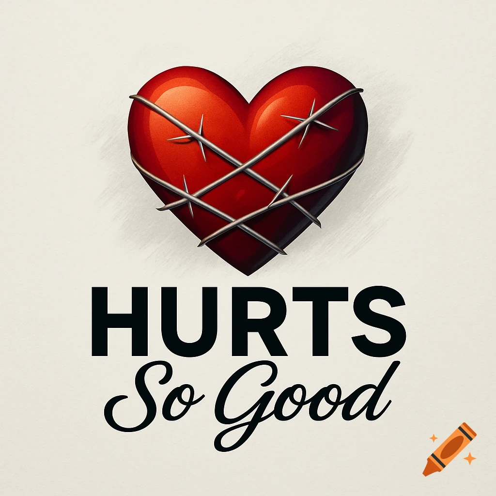A glossy red heart wrapped in barbed wire, with the text 'HURTS So Good' below, on a textured off-white background.