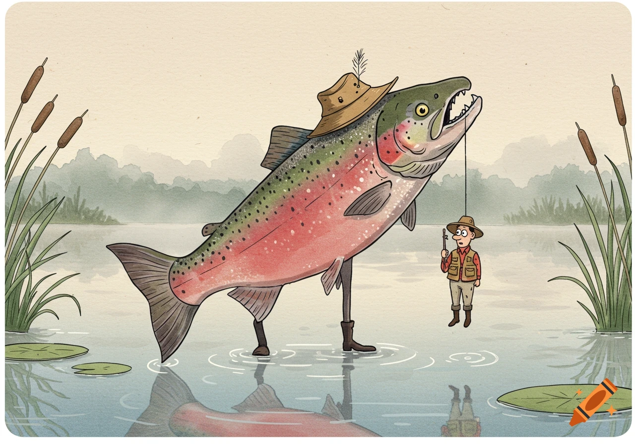 A cartoon salmon with a hat and boots stands in a lake, holding a small fisherman by the mouth like a caught fish.