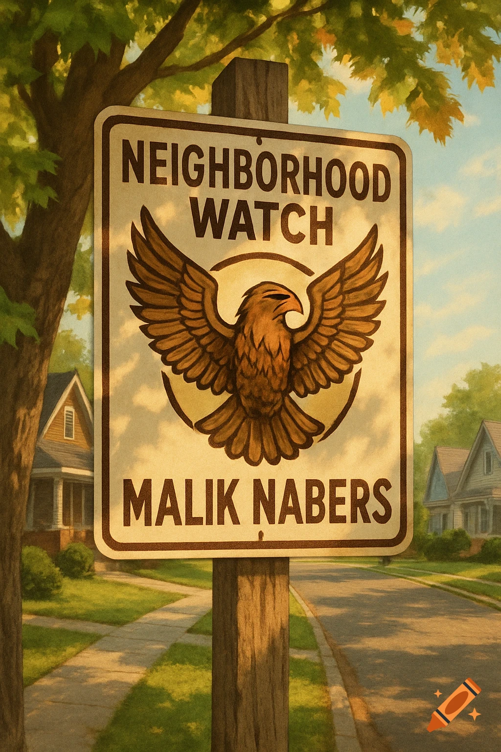 A "NEIGHBORHOOD WATCH" sign with an eagle and the name "MALIK NABERS" on a wooden post in a sunny suburban neighborhood.