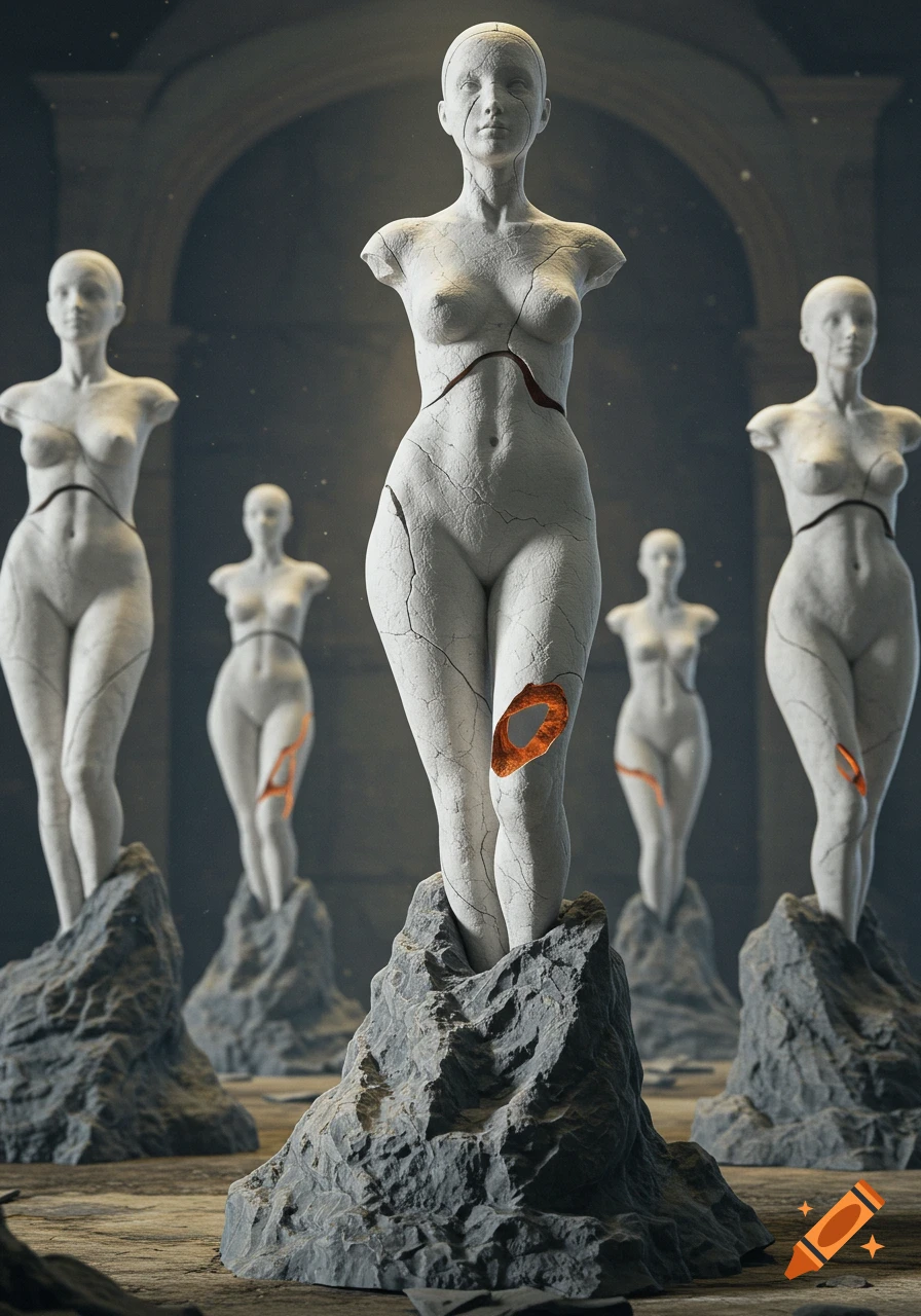 Five cracked white stone female statues, partially uncarved, standing on rough stone bases in an ancient hall, with glowing orange cracks.