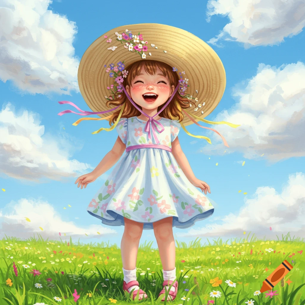 Cheerful girl in a floral dress and flower-adorned straw hat smiles broadly in a sunny green field under a blue sky, digital illustration.