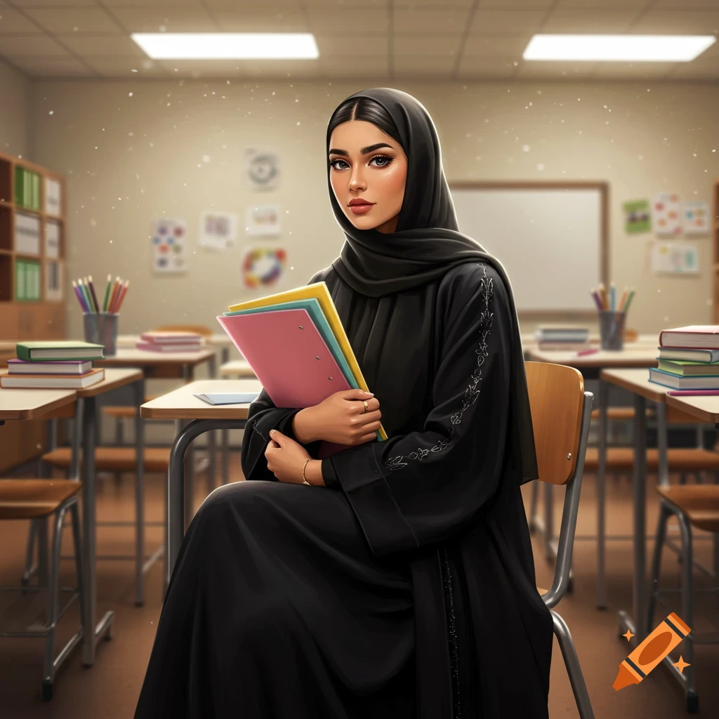 A confident young woman in a black hijab and abaya sits in a classroom, holding folders. Highly detailed realistic AI art.