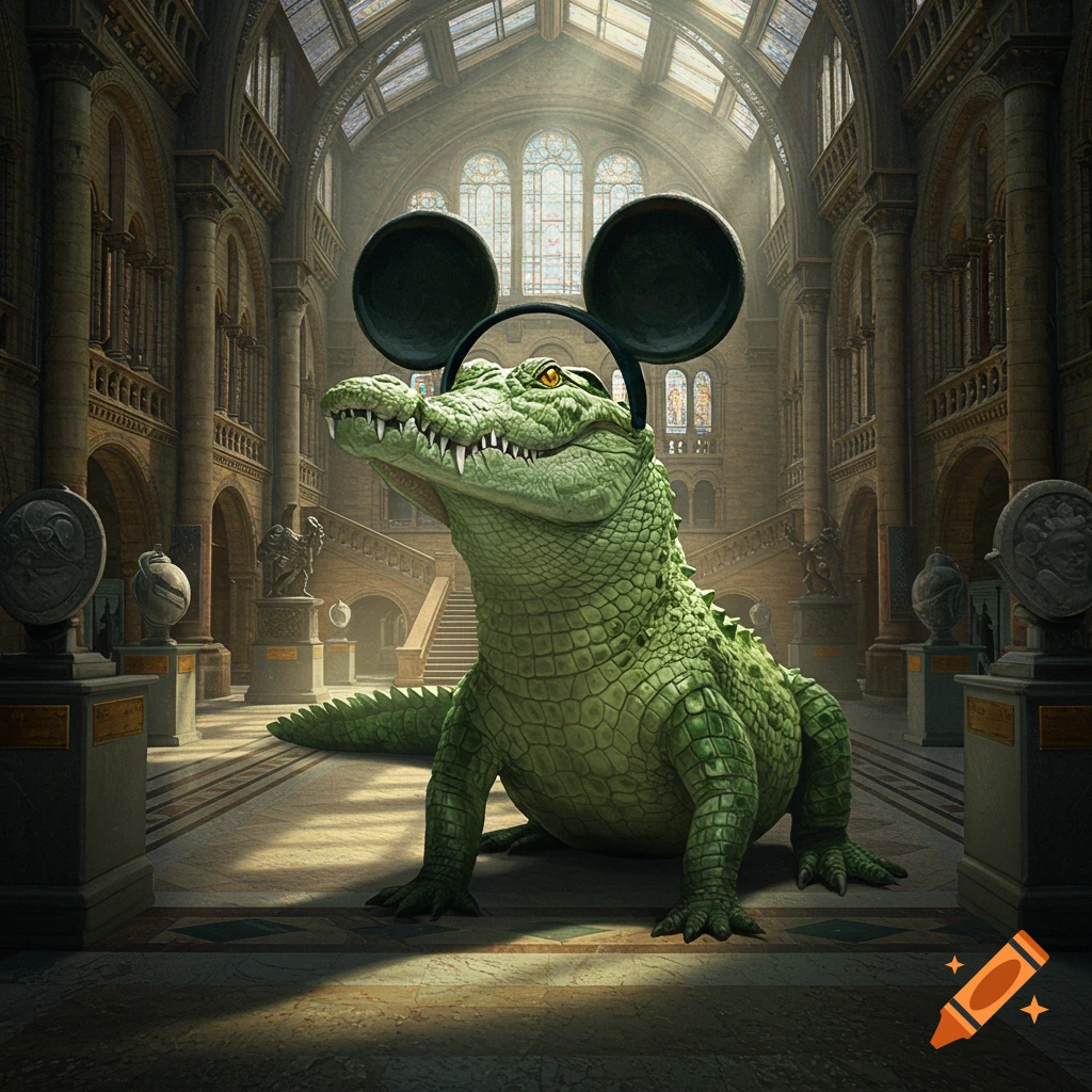 A large, photorealistic green crocodile wearing Mickey Mouse ears stands in the grand hall of an old museum with high ceilings.