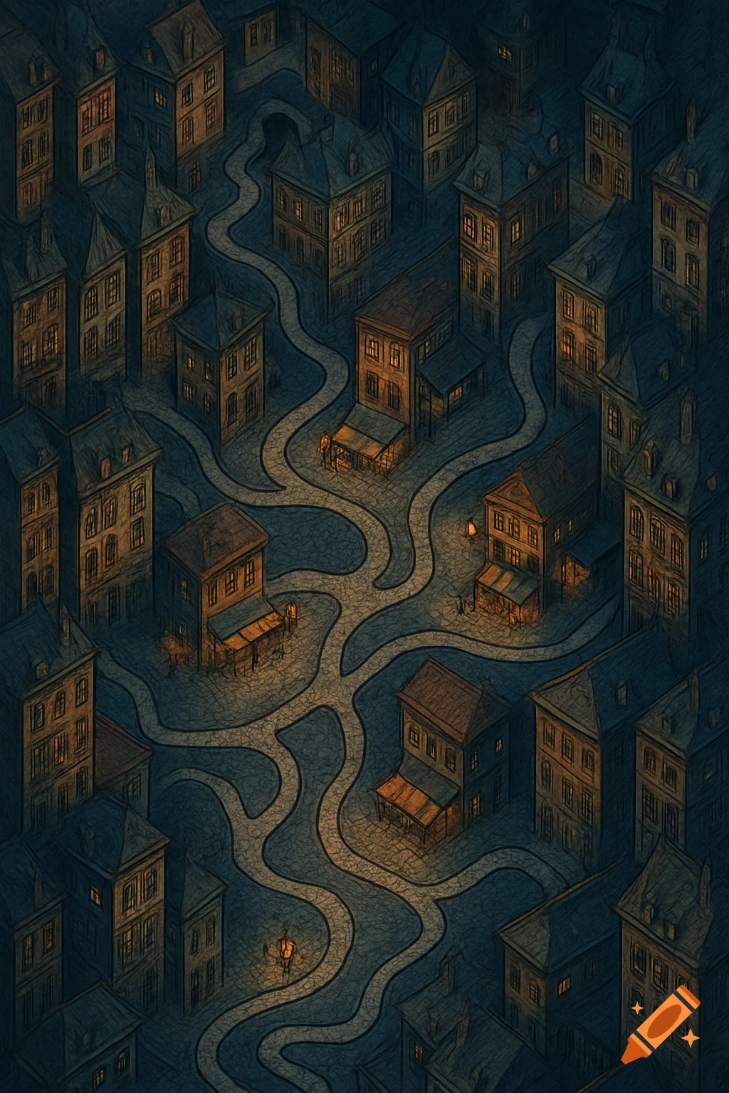 An isometric, hand-drawn map of a dark city at night with winding cobblestone streets and buildings with glowing windows.