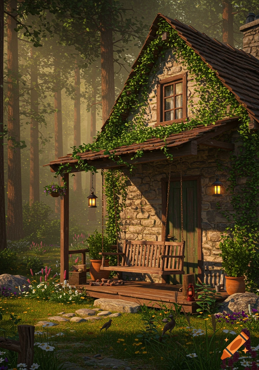 Photorealistic rendering of an ivy-covered stone cottage with a porch swing, set in a mystical, sun-dappled forest.