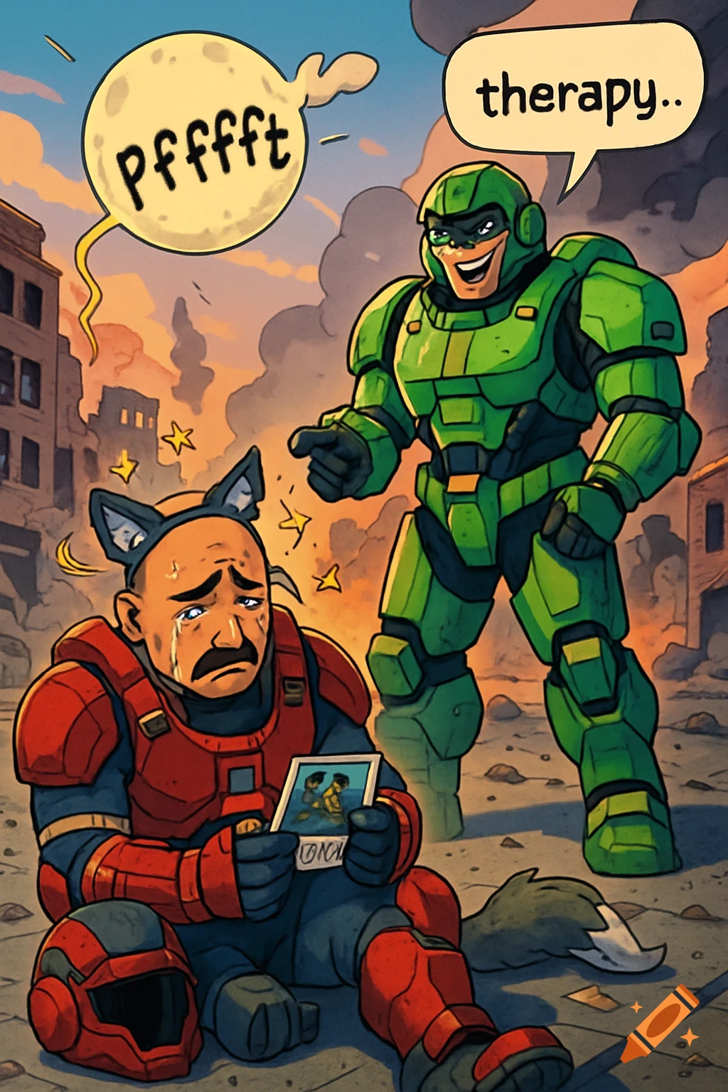A cartoon of a crying, balding man in red armor with cat ears and a wolf tail, slumped on the ground, holding a photo. A smug green armored figure stands over him in a destroyed urban area. Speech bubbles say "Pffffft" and "therapy..".