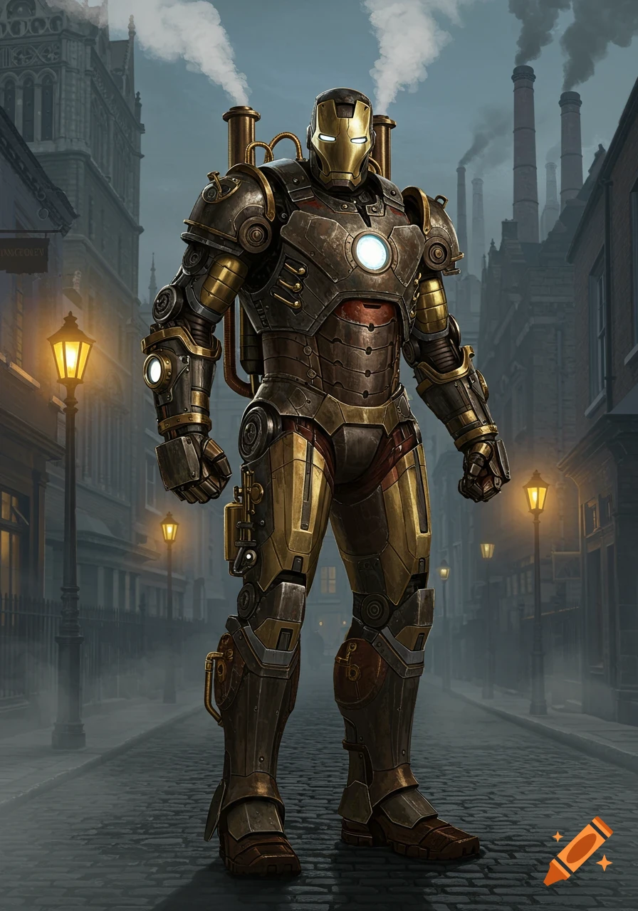 A steampunk Iron Man stands on a cobblestone street in a foggy Victorian city with smoking chimneys.