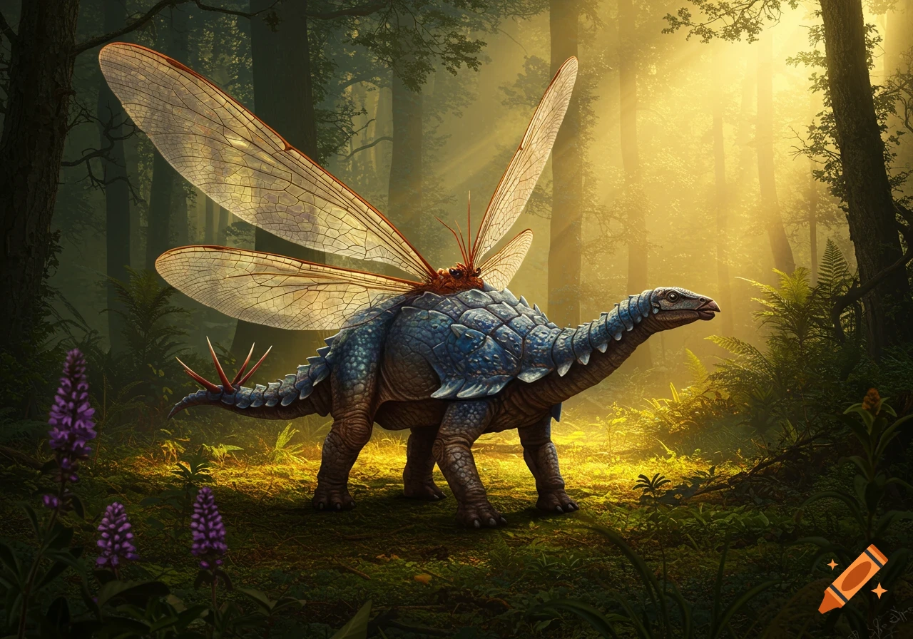 A large blue-scaled dinosaur with translucent insect wings stands in a lush, sunlit forest. Its tail has red spikes.