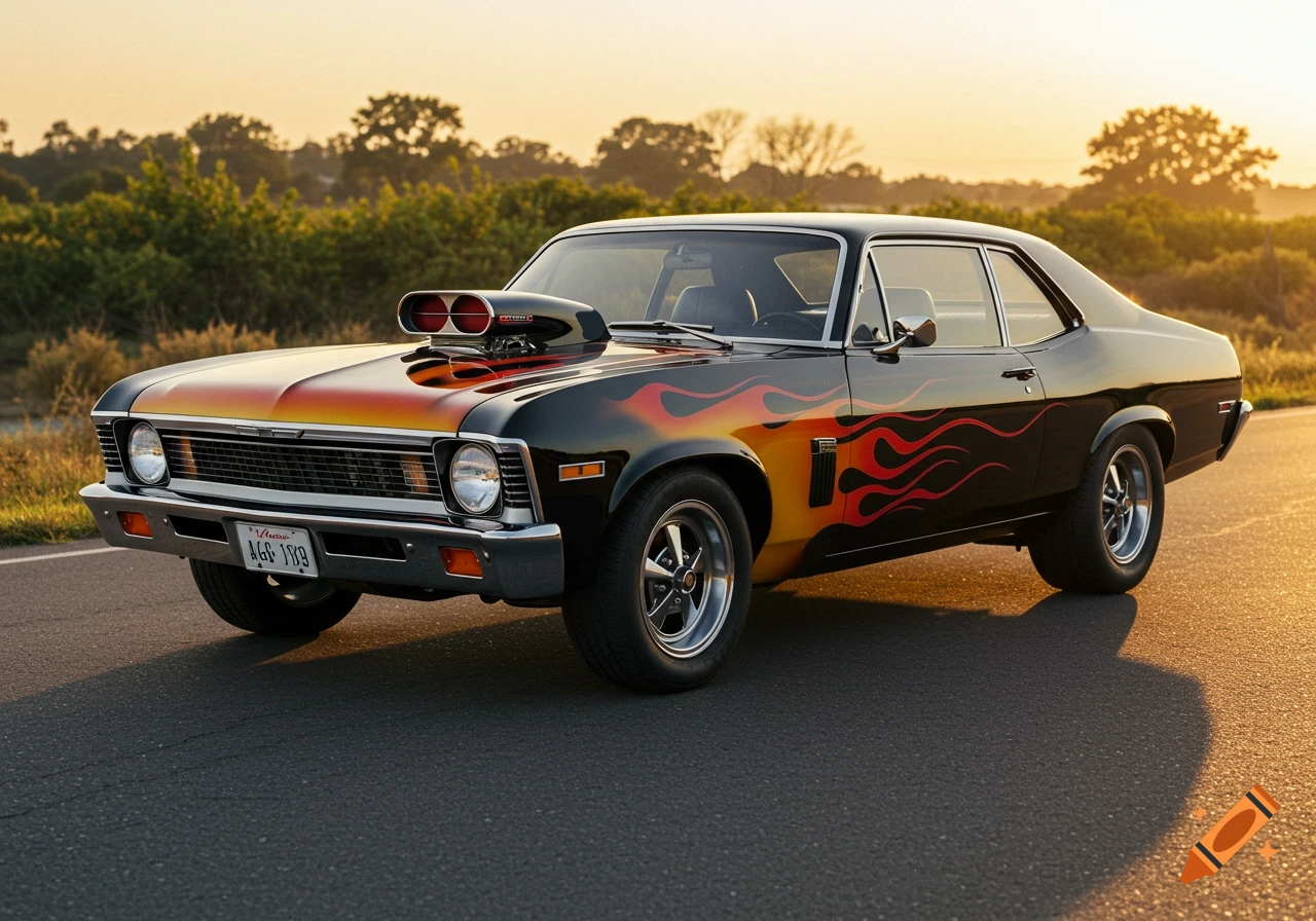 A black 1972 Chevy Nova muscle car with a hood scoop and flames painted on the sides, parked on an asphalt road at sunset.