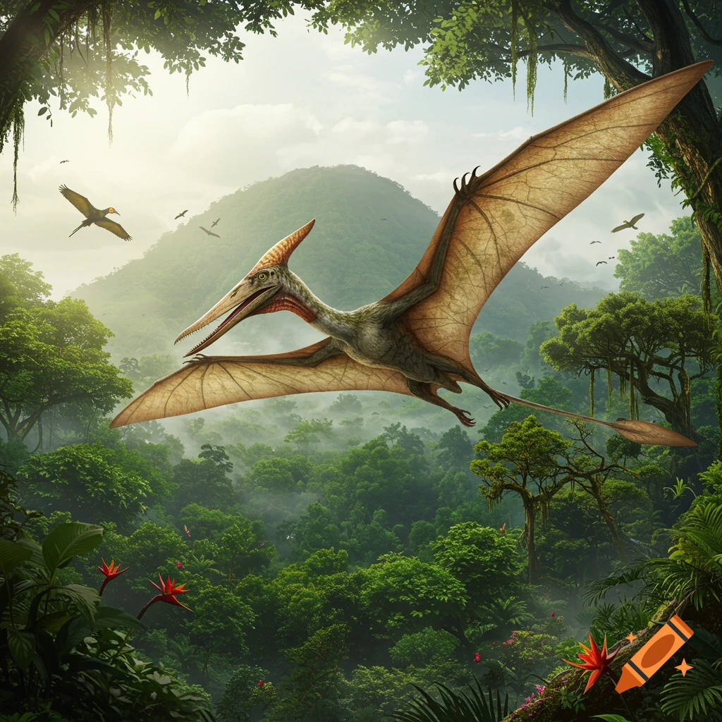 A large, realistic pterodactyl with a crested head soars over a misty, vibrant green jungle landscape under a bright sky.