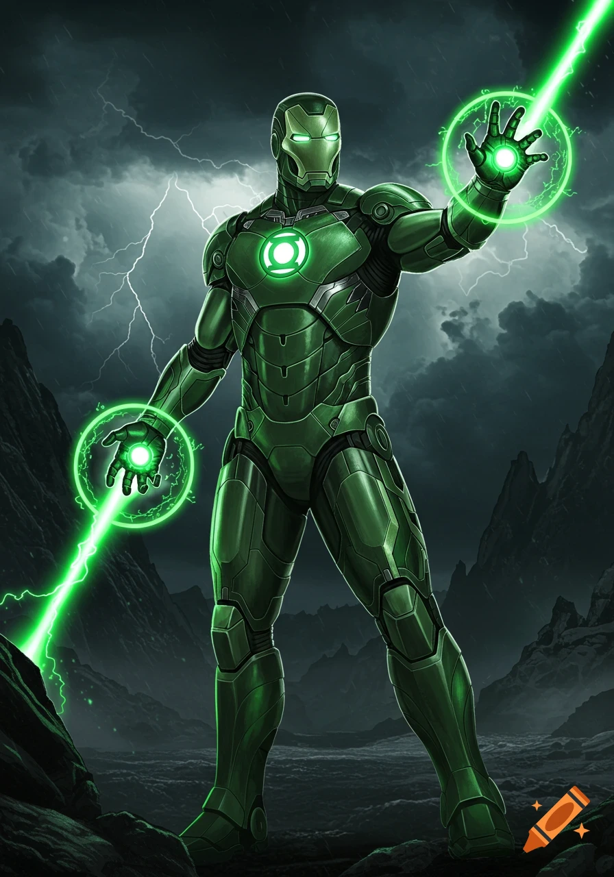 Green and black armored superhero, resembling Iron Man with a Green Lantern symbol, emits green energy in a stormy, mountainous landscape.