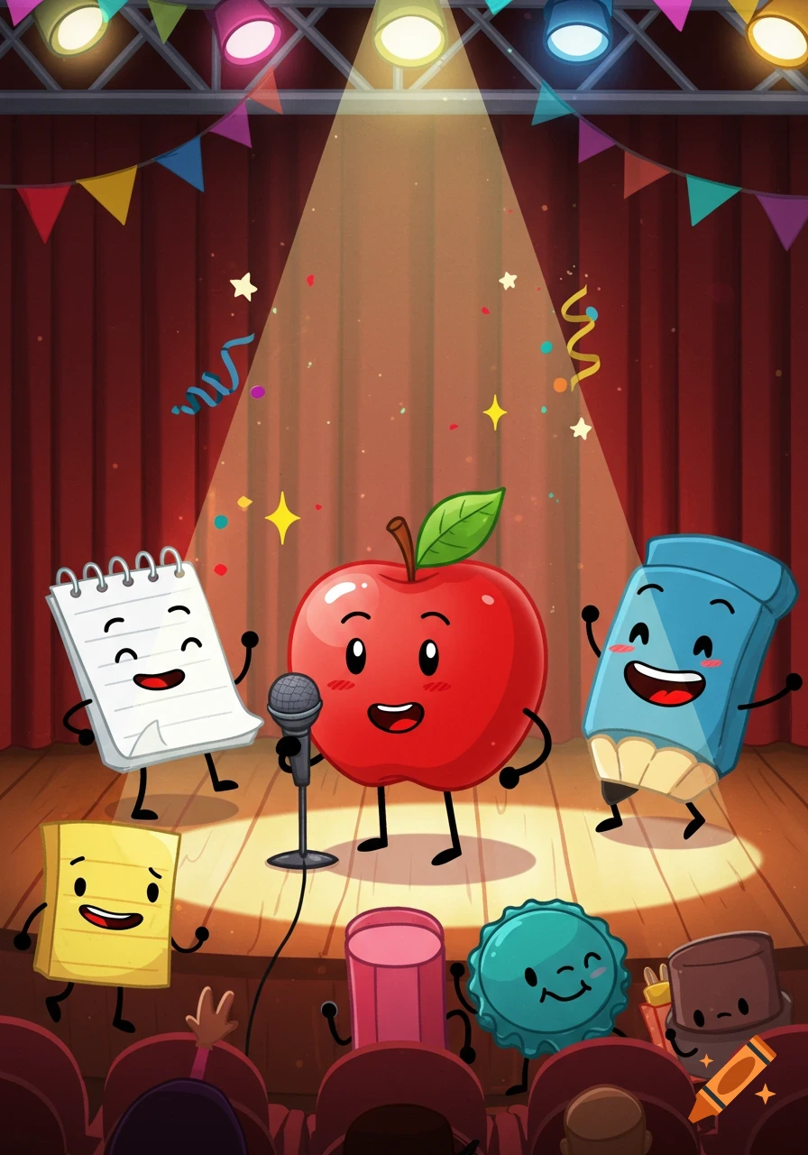 Anthropomorphic apple, notepad, and pencil perform on a brightly lit stage for an audience of other objects.