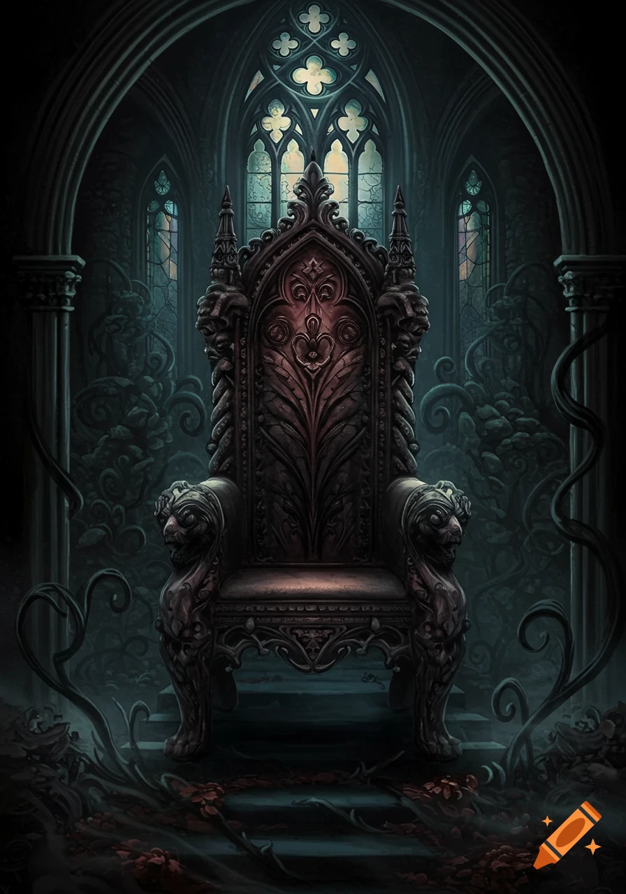 Ornate gothic throne in a dark, decaying hall with stained-glass windows and creeping vines.