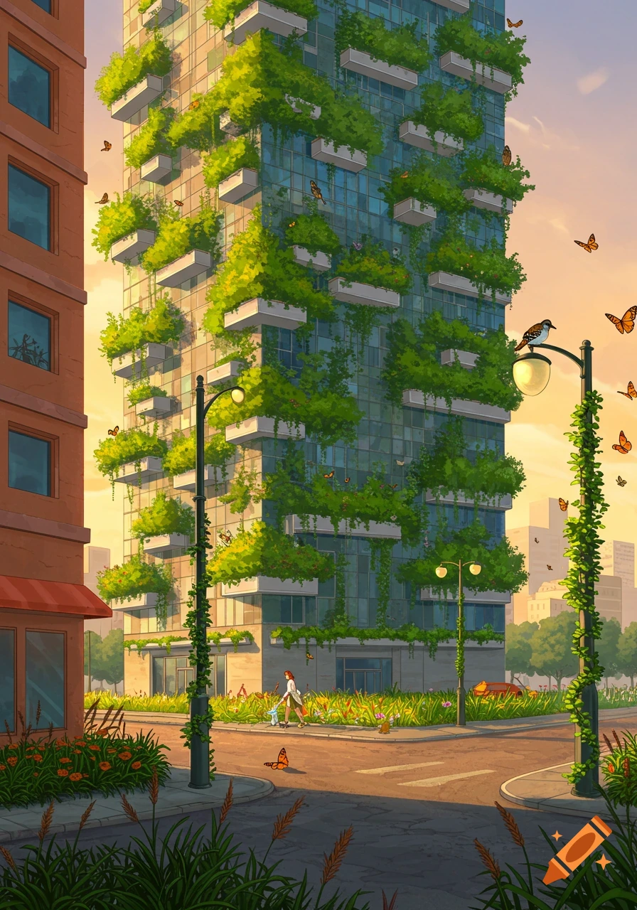 Stylized illustration of a tall urban building covered in green plants, with people walking on a nature-filled street at sunset.