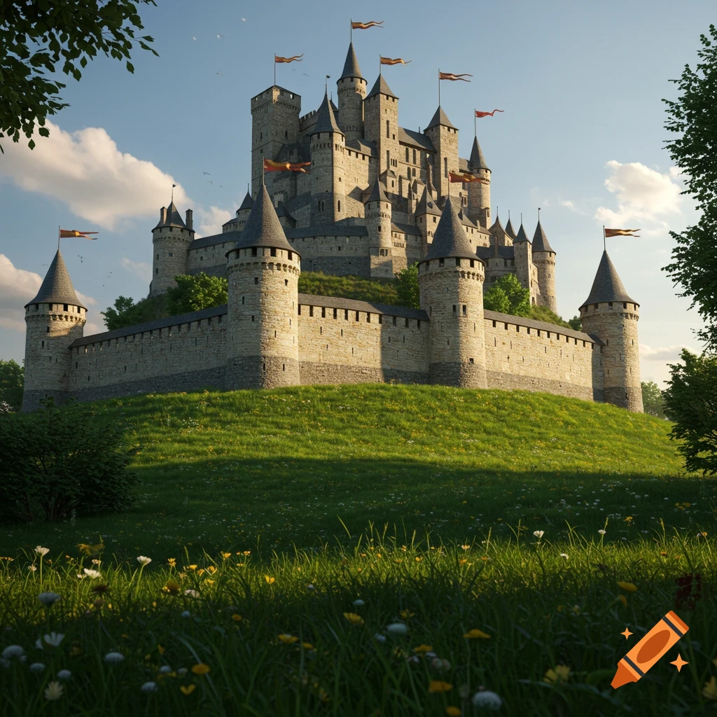 A photorealistic grand medieval castle on a lush green hill under a clear blue sky, with wildflowers in the foreground.