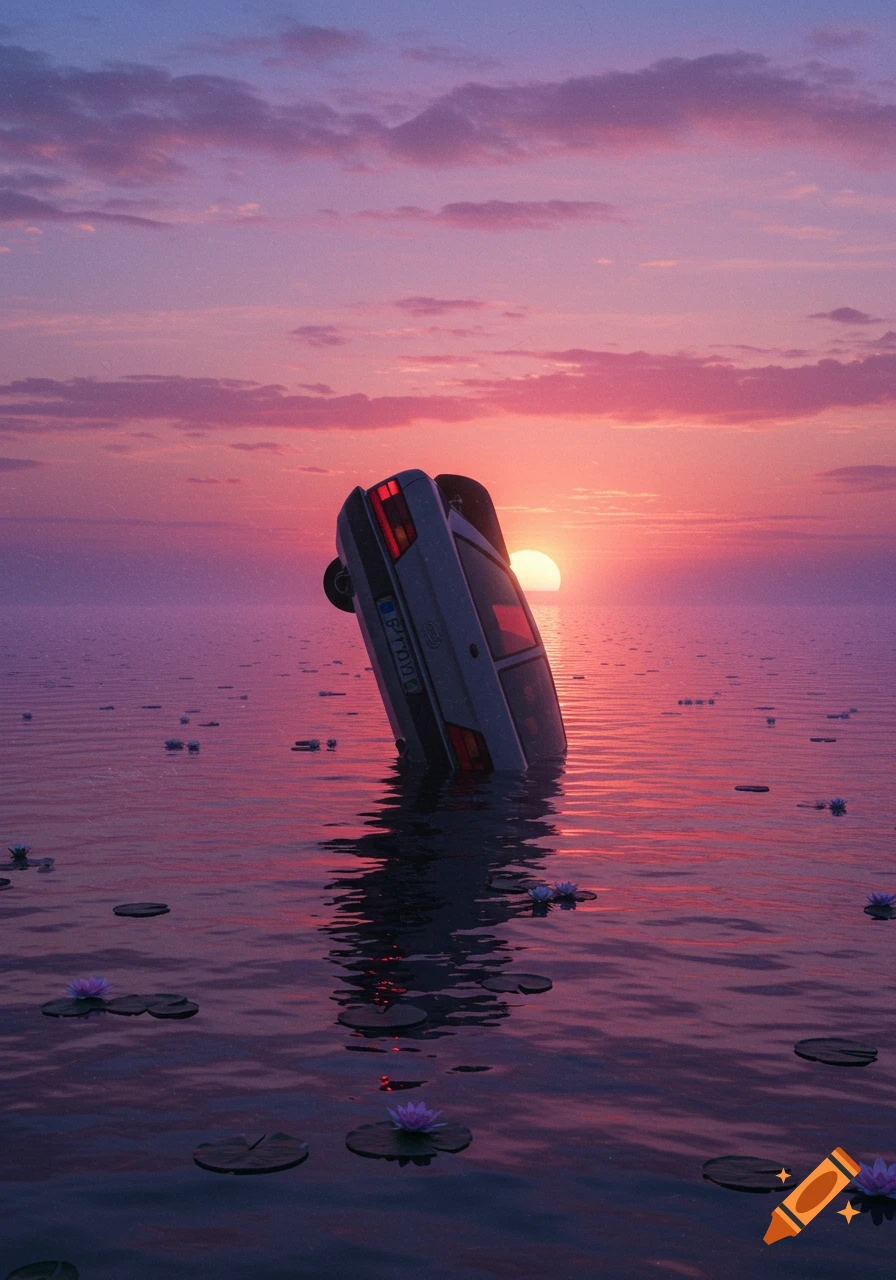 A white car is partially submerged in still water, facing down with its tail sticking up, under a vibrant pink and purple sunset with water lilies.