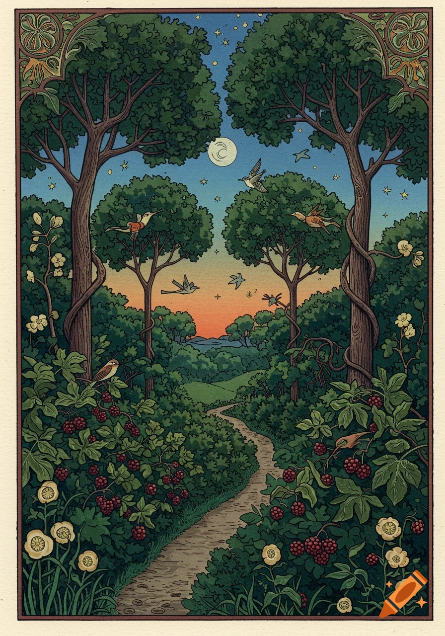 Stylized woodcut illustration of a winding forest path with berry bushes, trees, birds, and a moonlit sunset sky.