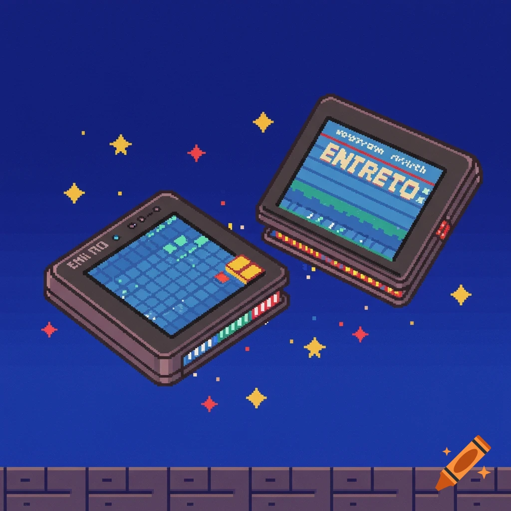 Two pixel art devices resembling retro handheld consoles float in a dark blue, starry space, above a pixelated wall. One screen shows 'ENTRETO'.