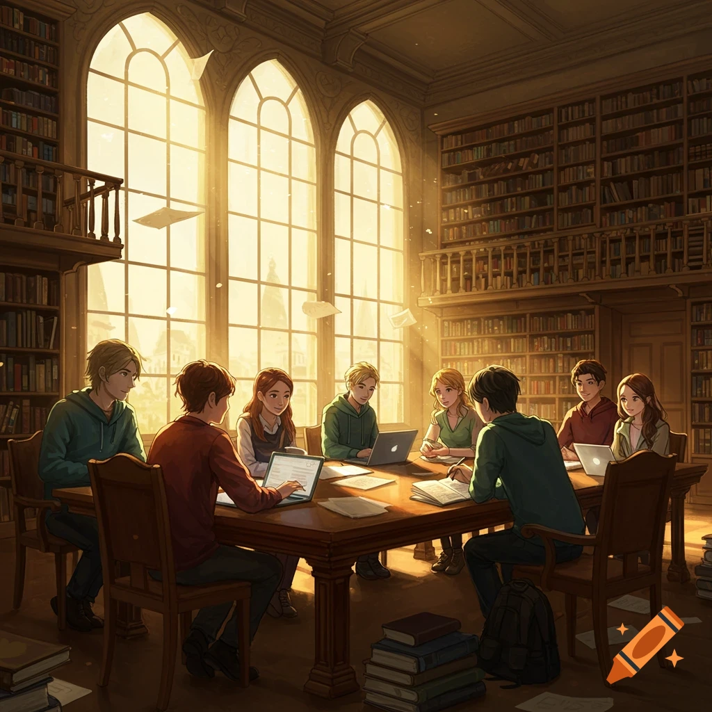 Anime-style students study at a table in a grand library with tall arched windows and bookshelves.