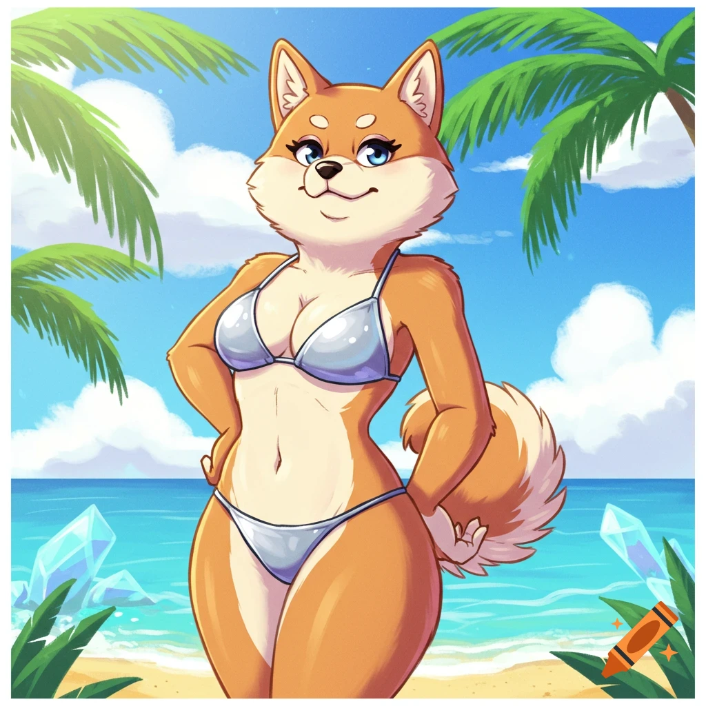 Cartoon anthropomorphic female Shiba Inu in a silver bikini on a sandy beach with palm trees and crystals.