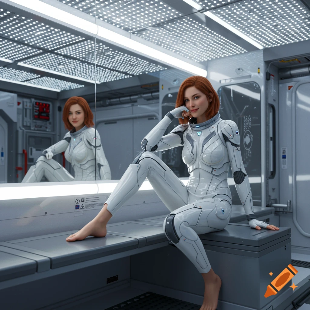 Photorealistic image of a red-haired woman in a snug white astronaut suit sitting barefoot on a bench in a futuristic space station, smiling at her reflection.