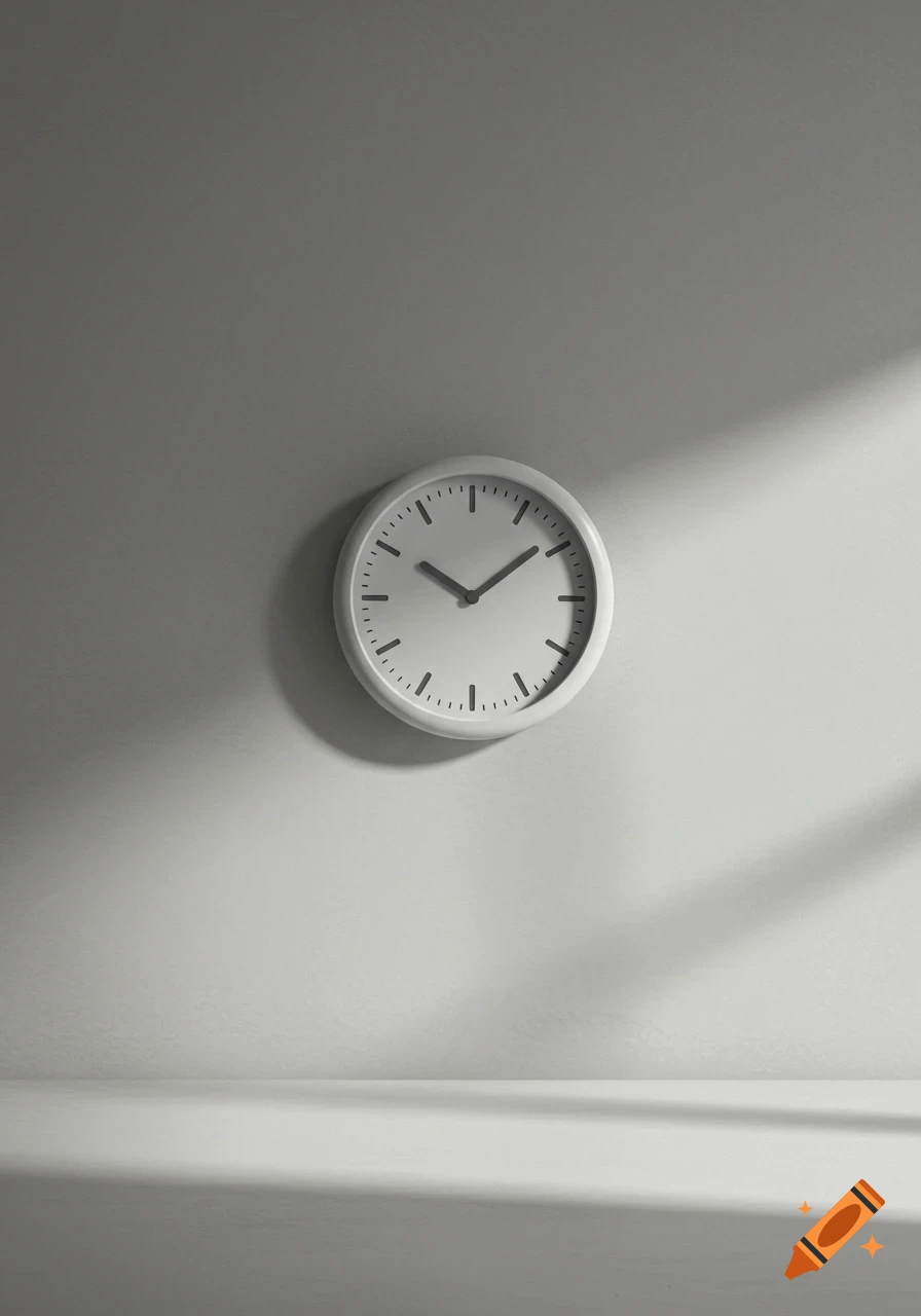 A simple white wall clock with dark hands on a plain gray wall, illuminated by sunlight casting strong shadows.