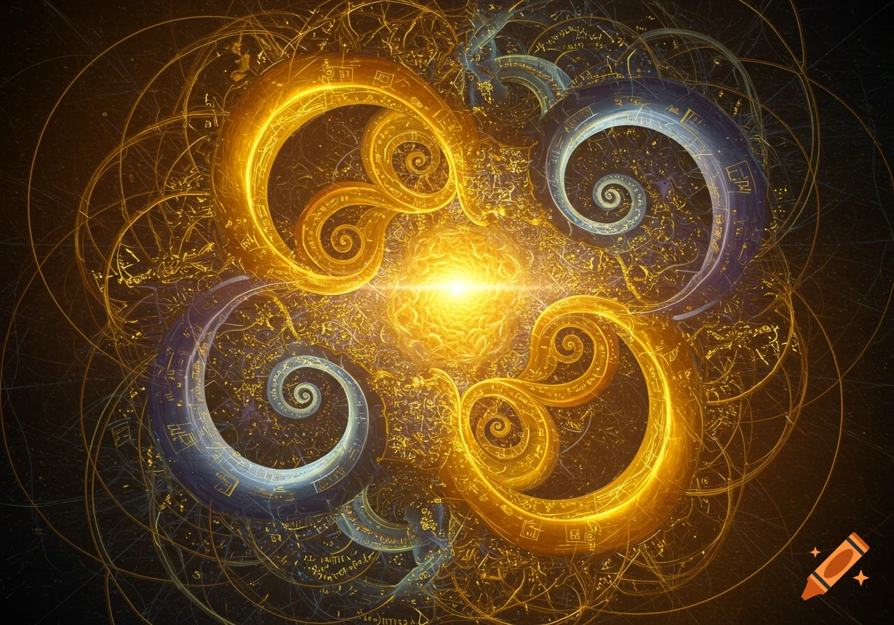 Intricate golden and blue glowing spirals form a complex abstract design around a bright central light.