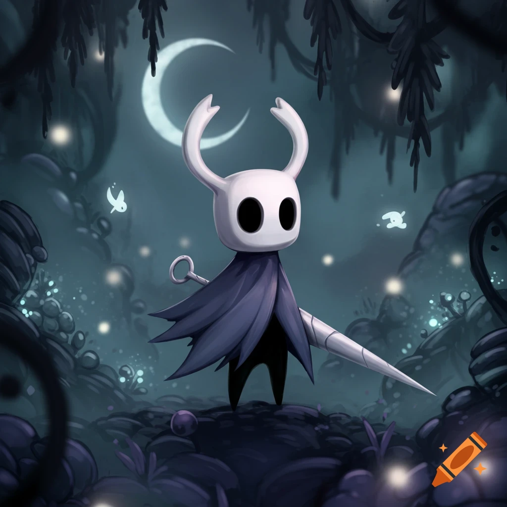 The Hollow Knight character stands in a dark, ethereal forest under a crescent moon, holding a nail weapon. Stylized illustration.