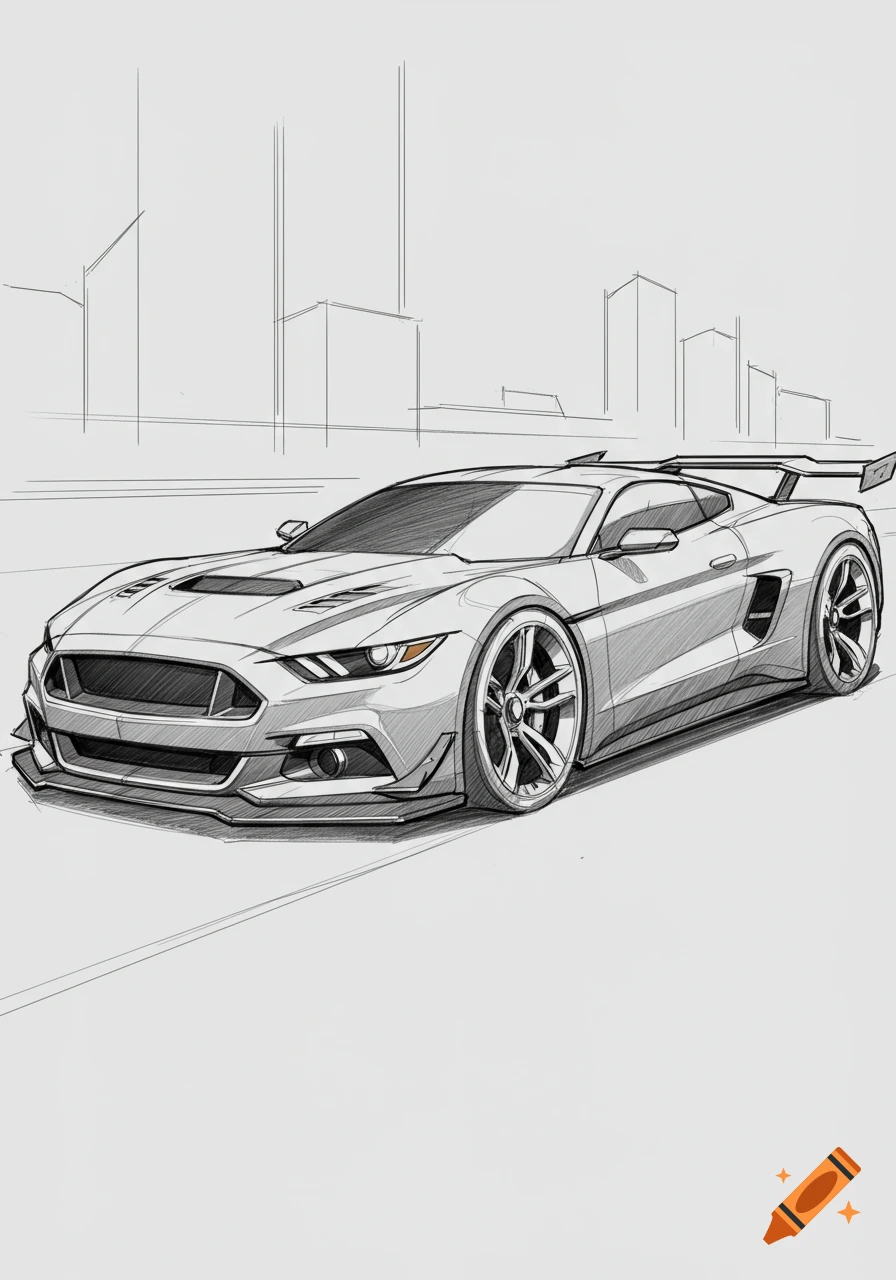 Sketch of a modern concept car, combining Mustang and Corvette features with a large spoiler, set against a city skyline.