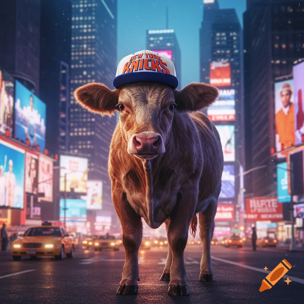 A photorealistic brown cow wearing a blue and white New York Knicks baseball cap stands on a city street at dusk, with bright billboards and yellow taxis in the background.