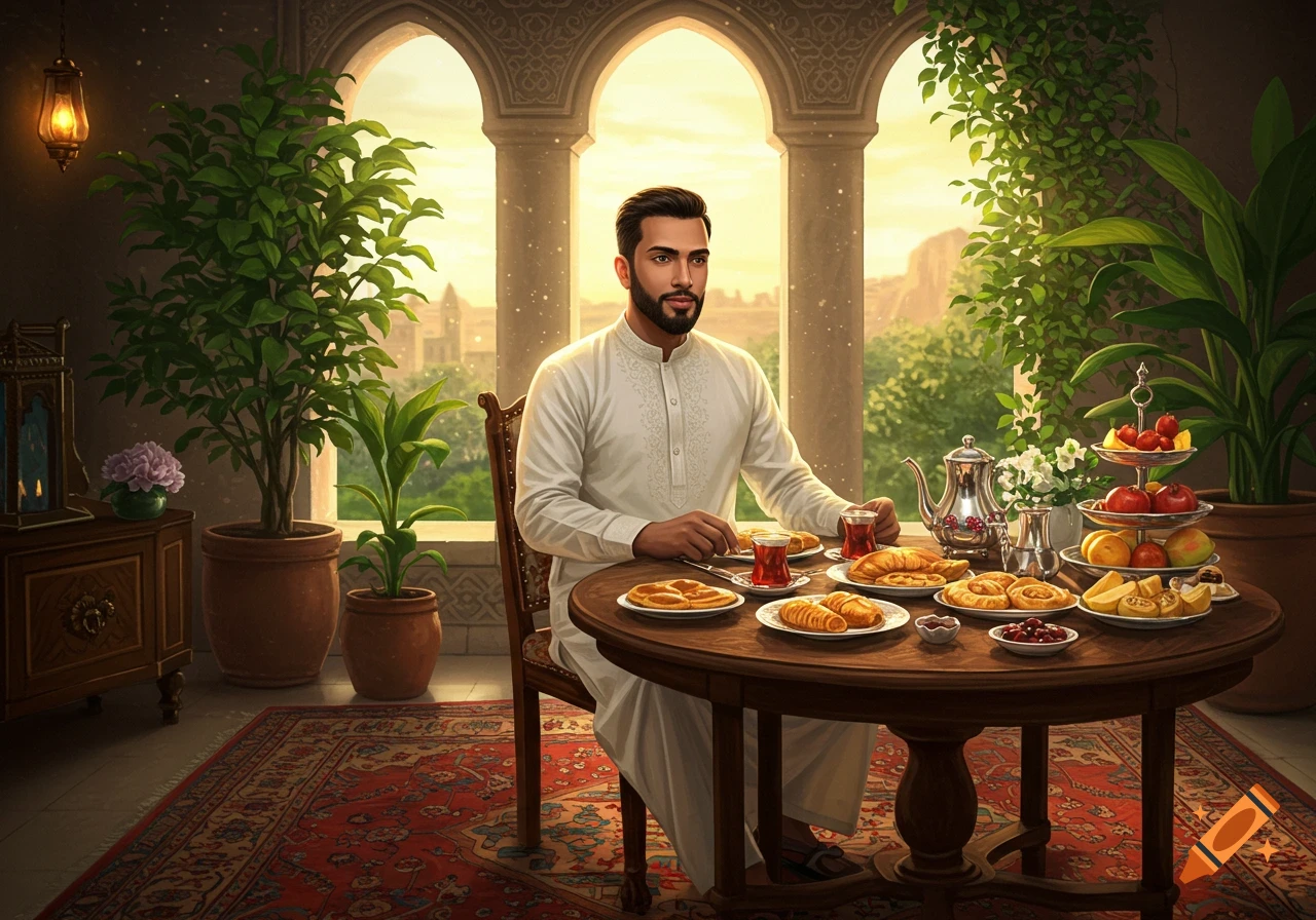 A man in traditional white attire eats breakfast at an ornate table by arched windows overlooking a sunny landscape.