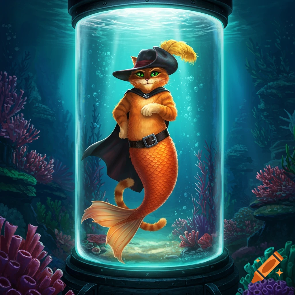 Puss in Boots, dressed as a confident orange mermaid with a black hat and cape, poses in a glass tank filled with water and coral.