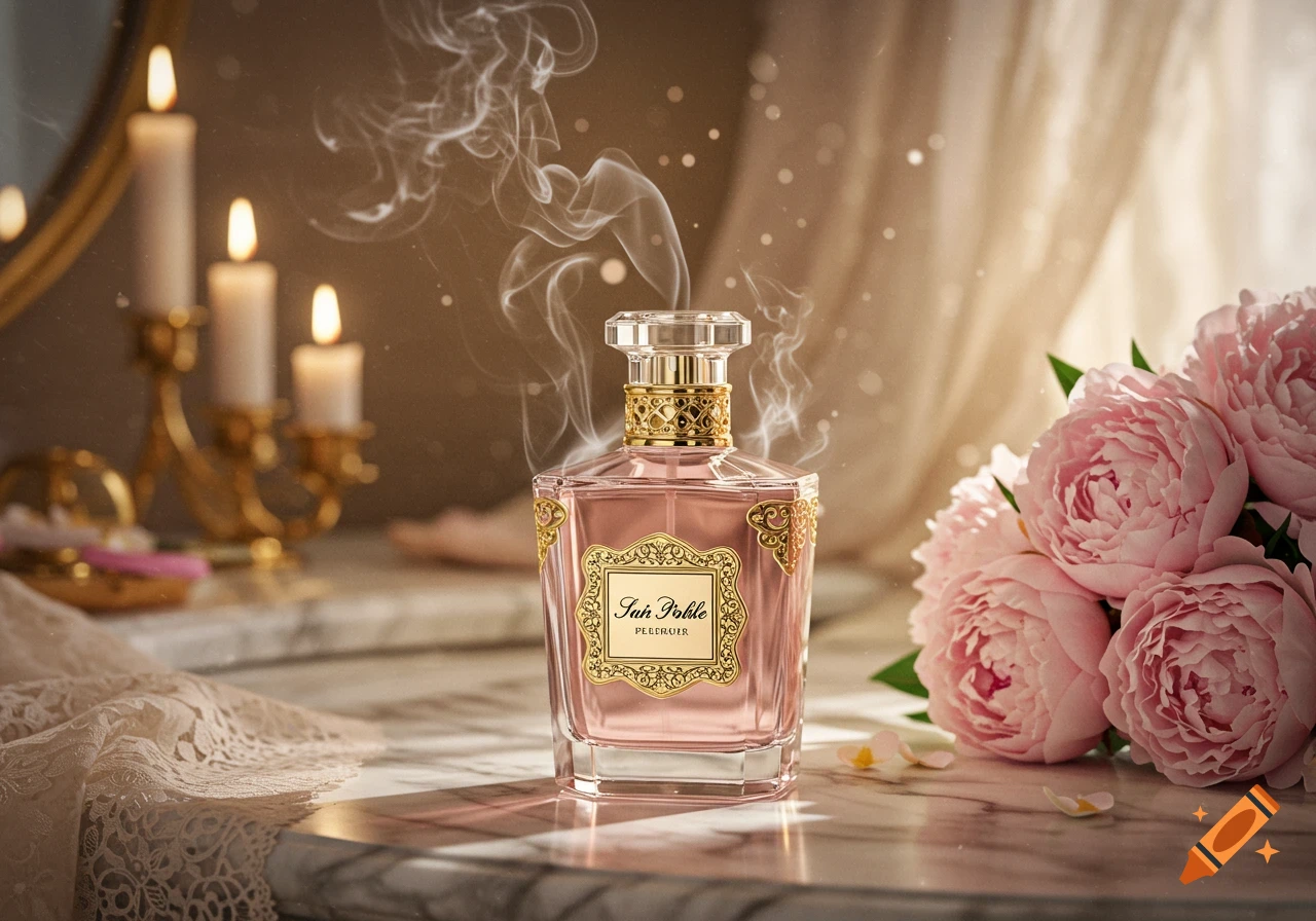 Photorealistic pink perfume bottle with golden label, smoke, pink peonies, and lit candles on marble.