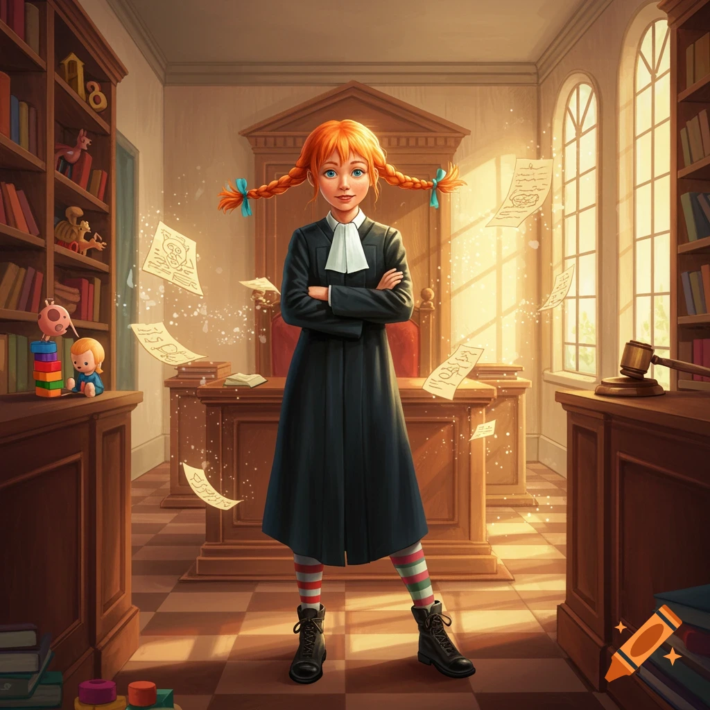 A stylized illustration of a young girl with red pigtails, dressed in a lawyer's robe and striped socks, standing in a magical courtroom with floating papers.