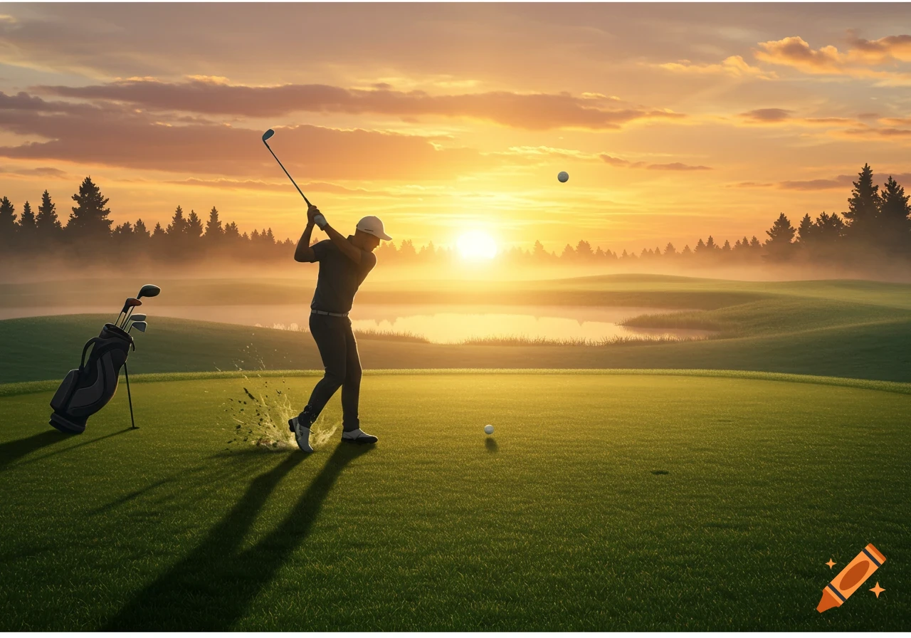 A golfer swings a club on a green golf course, sending a ball flying into the air during a vibrant sunrise over a lake and trees.
