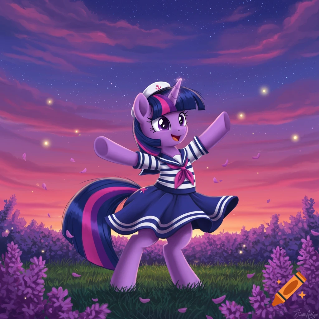 Twilight Sparkle from My Little Pony, in a sailor dress, dances joyfully in a vibrant purple field under a pink and purple sunset sky.