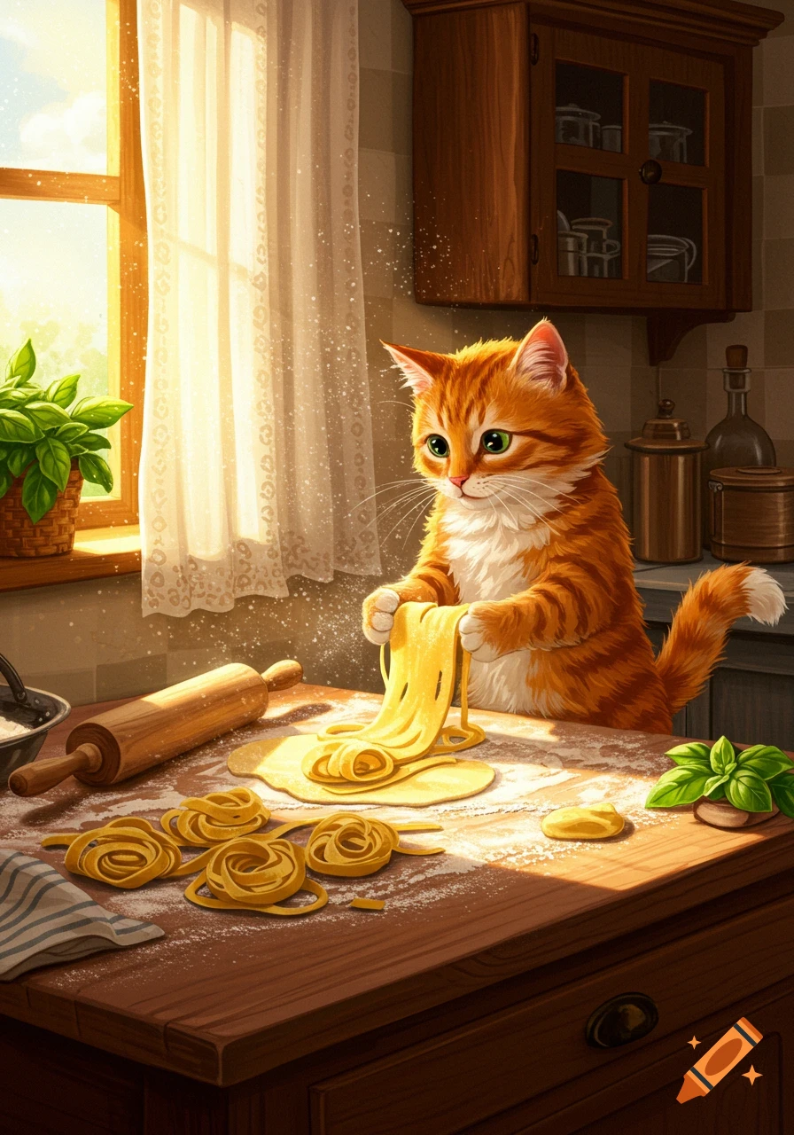 An orange tabby cat makes fresh pasta on a wooden kitchen counter, lit by sunlight from a window.