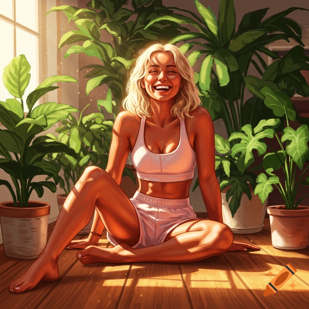 A smiling blonde woman in a pink sports bra and shorts sits on a sunlit wooden floor surrounded by green plants in an illustrated style.