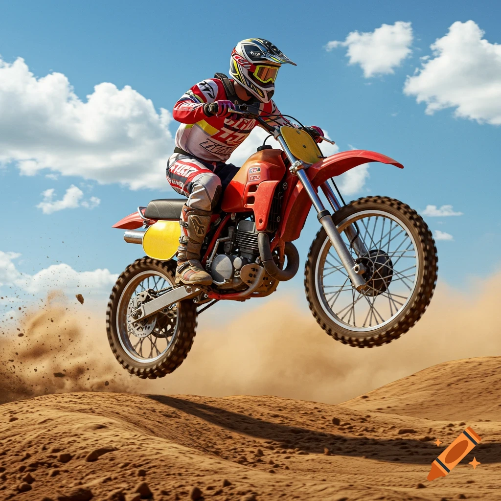 Motocross rider on a red dirt bike soaring over sandy dunes, kicking up dust under a bright blue sky.
