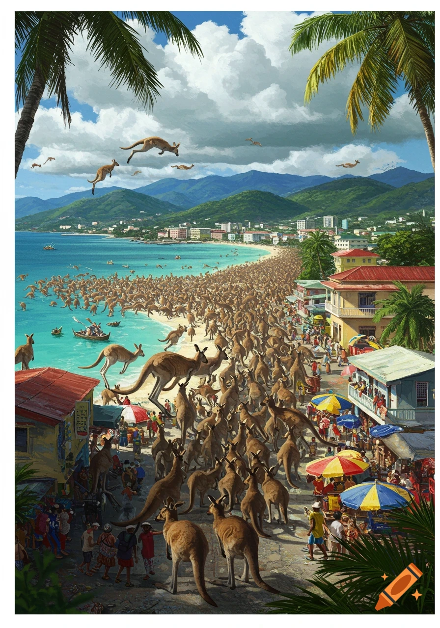 A massive horde of kangaroos floods a tropical beach and town, with some jumping in the sky, in a vibrant painting.